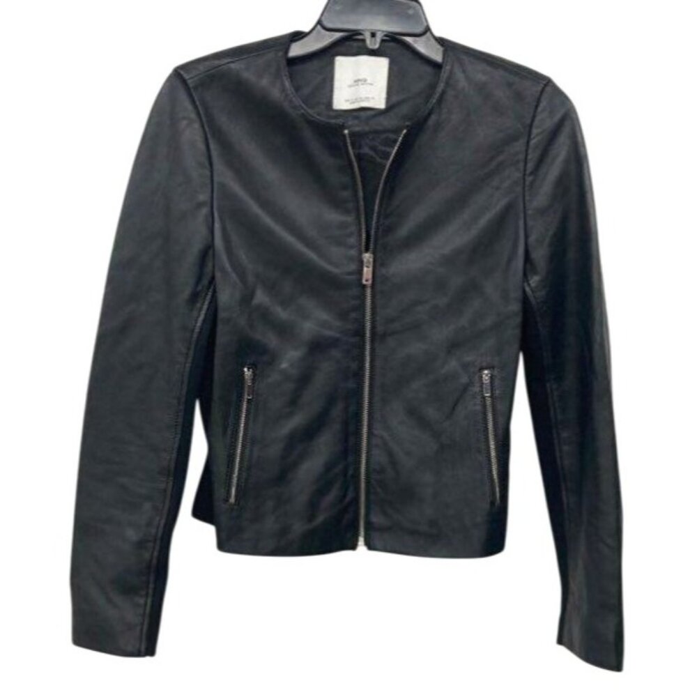 MNG (Mango) Women's Genuine Lammeskin Leather‎ Black Jacket XS